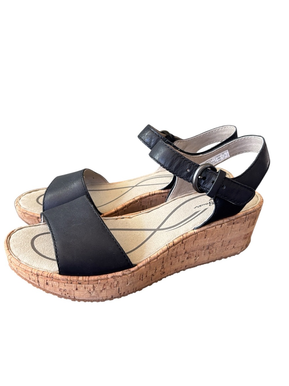 Eddie Bauer Kara Cork Wedge Heel Sandals Ankle Strap Black Leather Size 7 - Picture 2 of 9